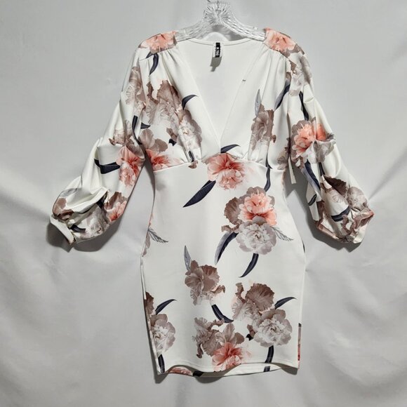 KTOO White Floral Printed Body Con Cocktail Dress with Puffy Sleeves Size L - Picture 1 of 12